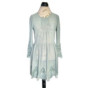 H&M Divided Womens Dress Sz 2 Green Lace Embroidered Sheer Pintuck Southwestern